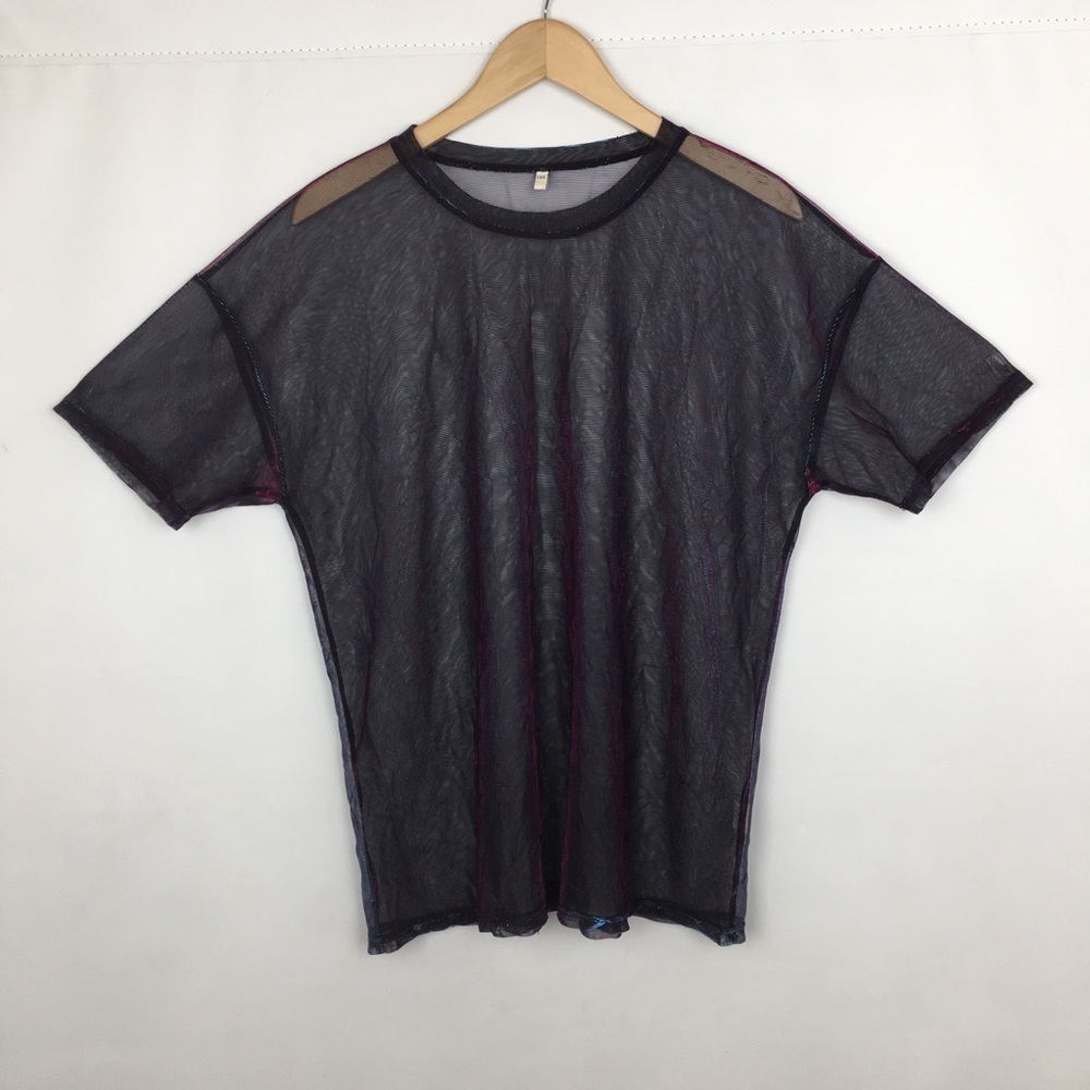 Y2K Sheer Mesh Edgy Disco T-Shirt Top Purple Blue Cybergoth Futuristic Size 1XL